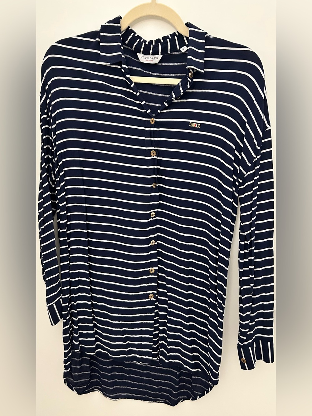 U.S. Polo Assn. Navy & White Striped Shirt with Gold Buttons